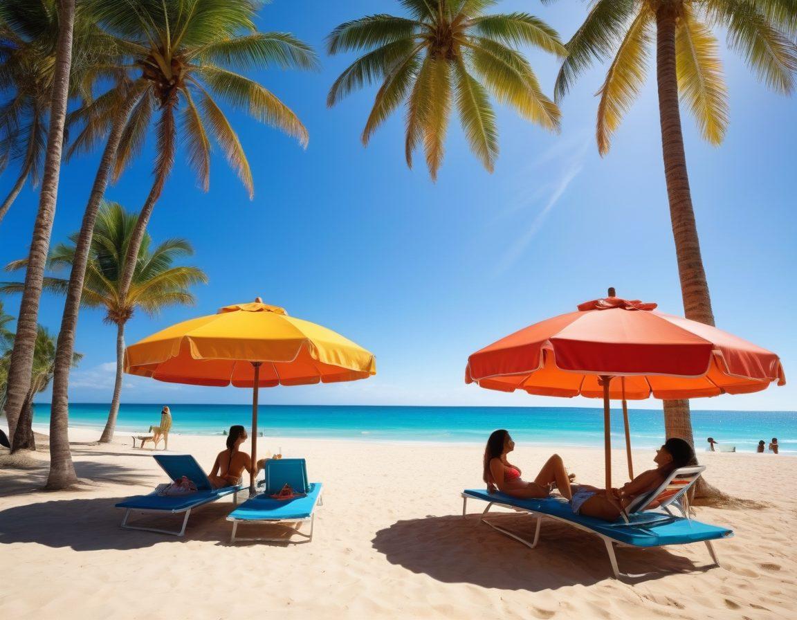 A vibrant beach scene featuring an array of colorful, affordable bikini styles displayed on beach umbrellas and sun loungers. The backdrop includes a shimmering ocean with palm trees swaying in the breeze, highlighting budget-friendly activities like beach volleyball and picnic spots. People of diverse backgrounds enjoying the beach, sipping cocktails and taking selfies, adding to the fun atmosphere. A bright sun and blue sky emphasizes the joy of summer. super-realistic. vibrant colors. sunny background.