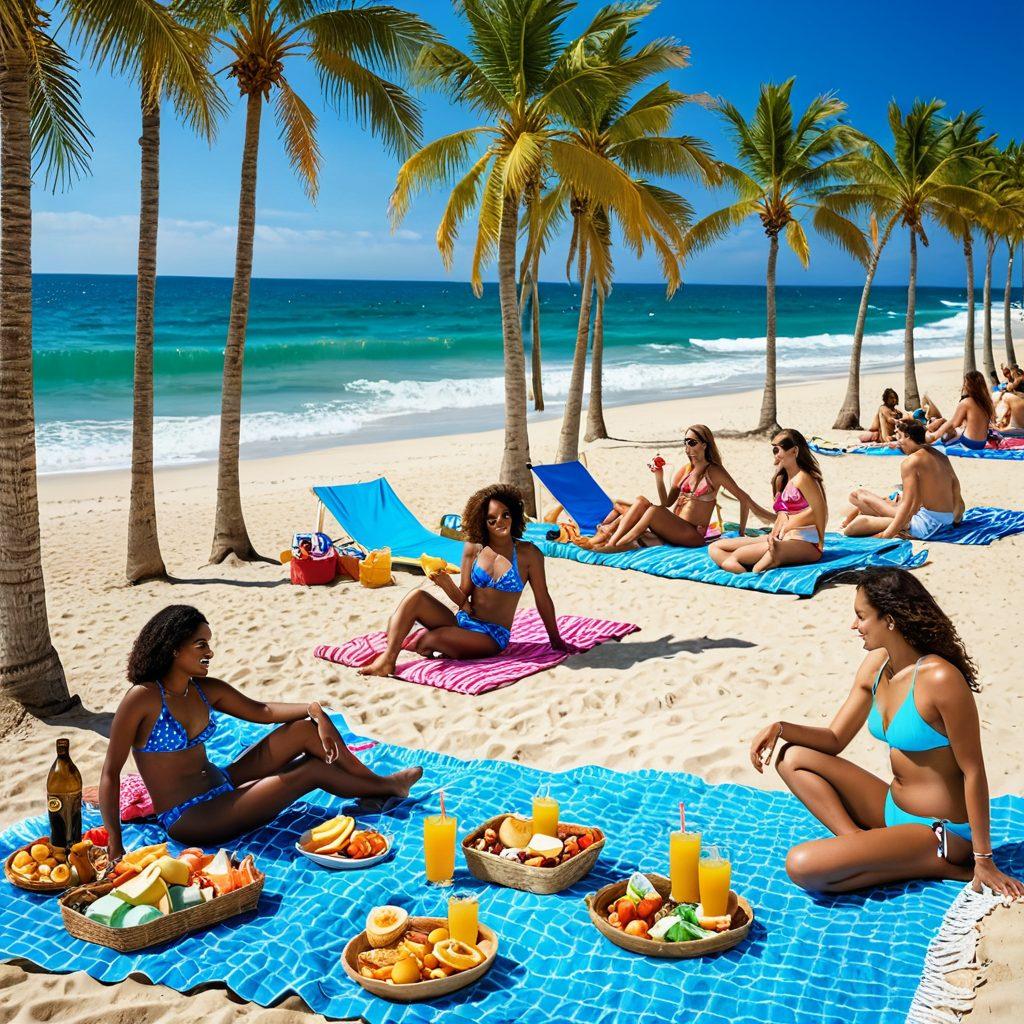 A vibrant beach scene featuring a diverse group of stylishly dressed travelers in colorful bikinis, lounging on beach towels, enjoying the sun. Include elements like a budget-friendly picnic setup with snacks and drinks, and a background of splashing waves and palm trees. The atmosphere is cheerful and lively, embodying the joy of budget travel and summer. super-realistic. vibrant colors. sunny beach backdrop.